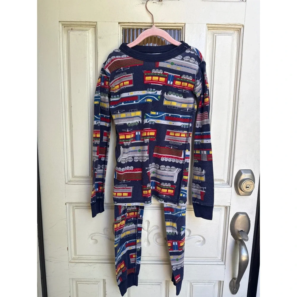 Hanna Andersson Kids Train Print Organic Cotton Pajama Set Navy Blue Size 8